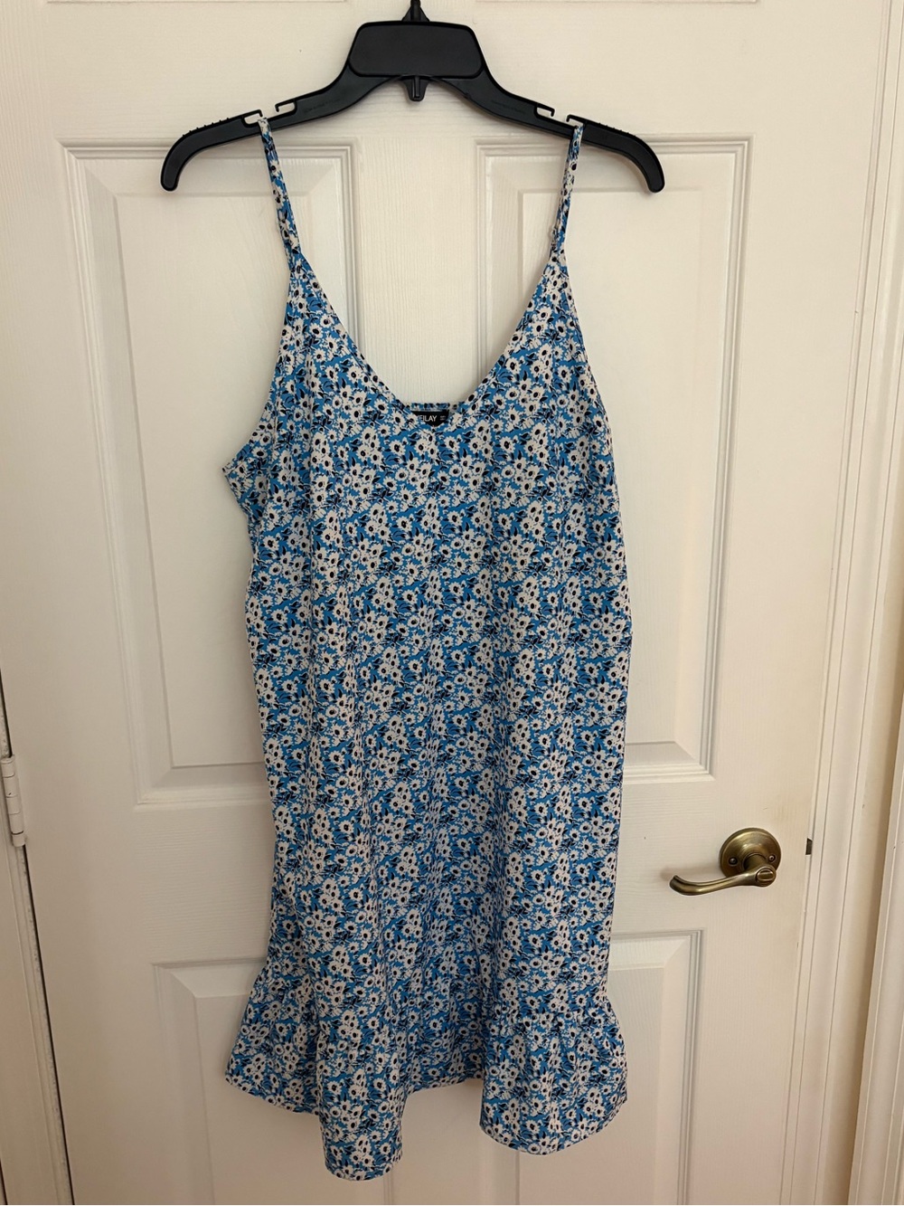Blue Floral Mini Slip Dress with Ruffle Hem